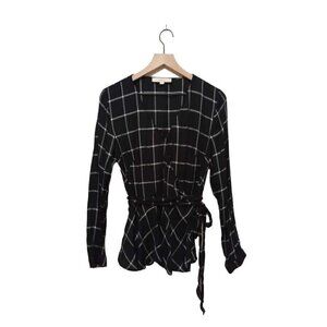 LOFT Black Window Pane Wrap Long Sleeve Tie Waist Ruffle Hem Blouse Sz M